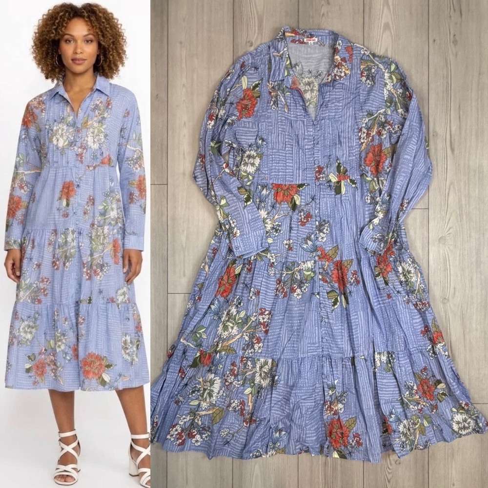 Johnny Was XL Mosaic Tiered‎ Wanderer Midi in Blue Floral Cotton Shirt Dress - Picture 1 of 12